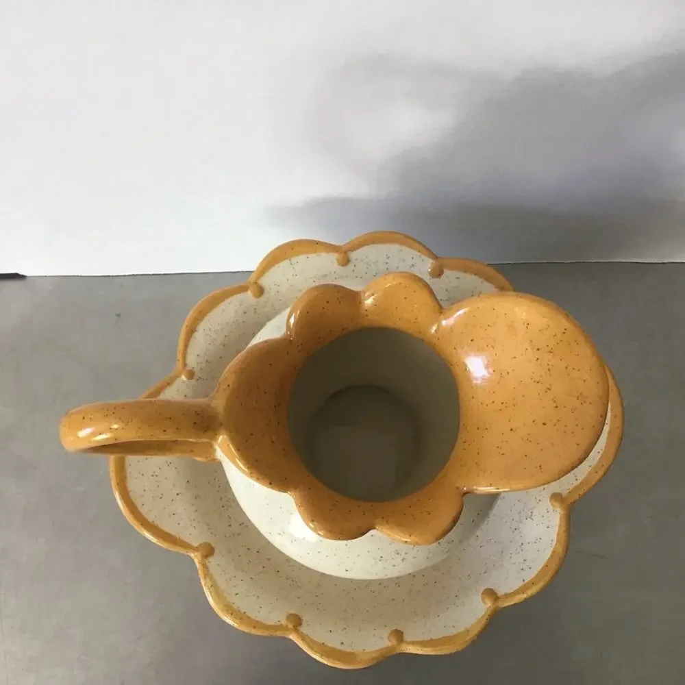 Pitcher and Saucer Ceramic Speckled brown, cream and mustard yellow